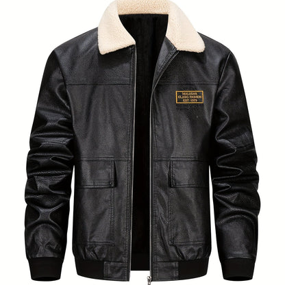 Men'S Faux Leather Bomber Jacket with Fleece Lining - Casual Motorcycle Style, Zip-Up, Long Sleeve, Drop Shoulder, Polyester Lining, Regular Fit, Outdoor & Hiking Wear, Outdoor Jacket | Bomber Jacket | Polyester Lined Jacket