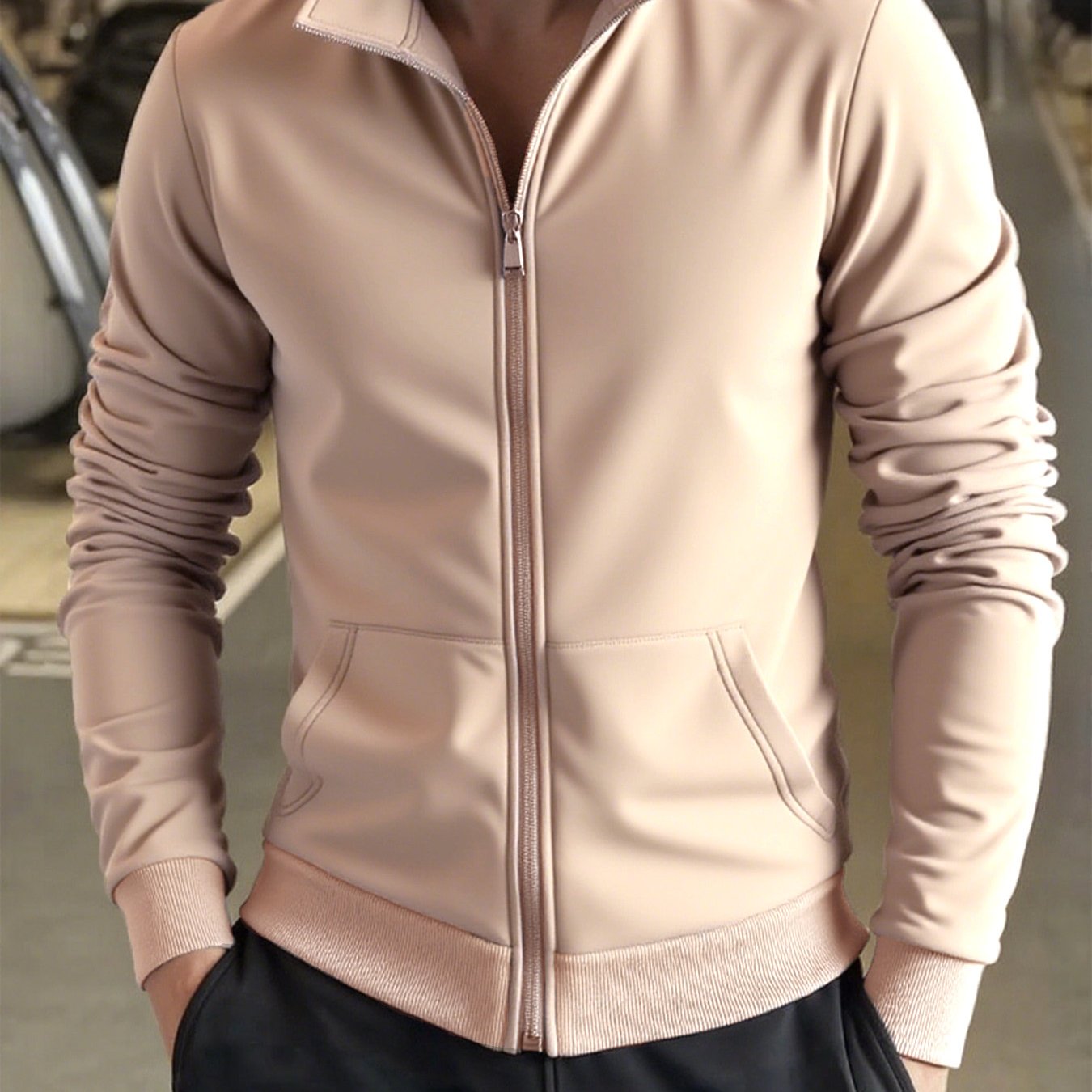 Men's Solid Color Green Full-Zip Stand Collar Jacket - Lightweight Workwear Coat with Zippered Pockets, Machine Washable, Regular Fit for Gym, Hiking, Casual & Outdoor Activities - Versatile All-Season Outerwear