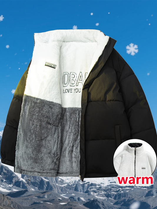Men's Dual-Sided Insulated Jacket with Full-Zip Closure & Stand Collar - Reversible Winter Coat with Warm Filling, Machine Washable, White & Black Outer Layers, Casual & Formal Outerwear for Skiing, Snowboarding, Everyday Use