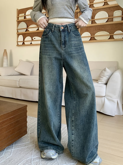 1pc XNVJEVGY Women'S High-Waisted Wide Leg Denim Jeans, Casual Style, Non-Stretch, Solid Color, Long Pants with Zipper Closure, Washed Finish, Suitable for All Seasons