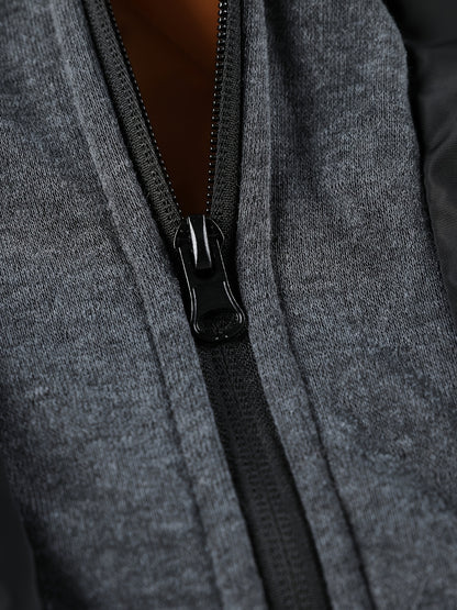 Men'S Winter Jacket with Detachable Hood - Warm Fleece-Lined Zip-Up Coat, & Orange Contrast Design, Polyester Lining, Regular Fit for Cold Weather, Casual Outerwear, Durable Zipper Closure