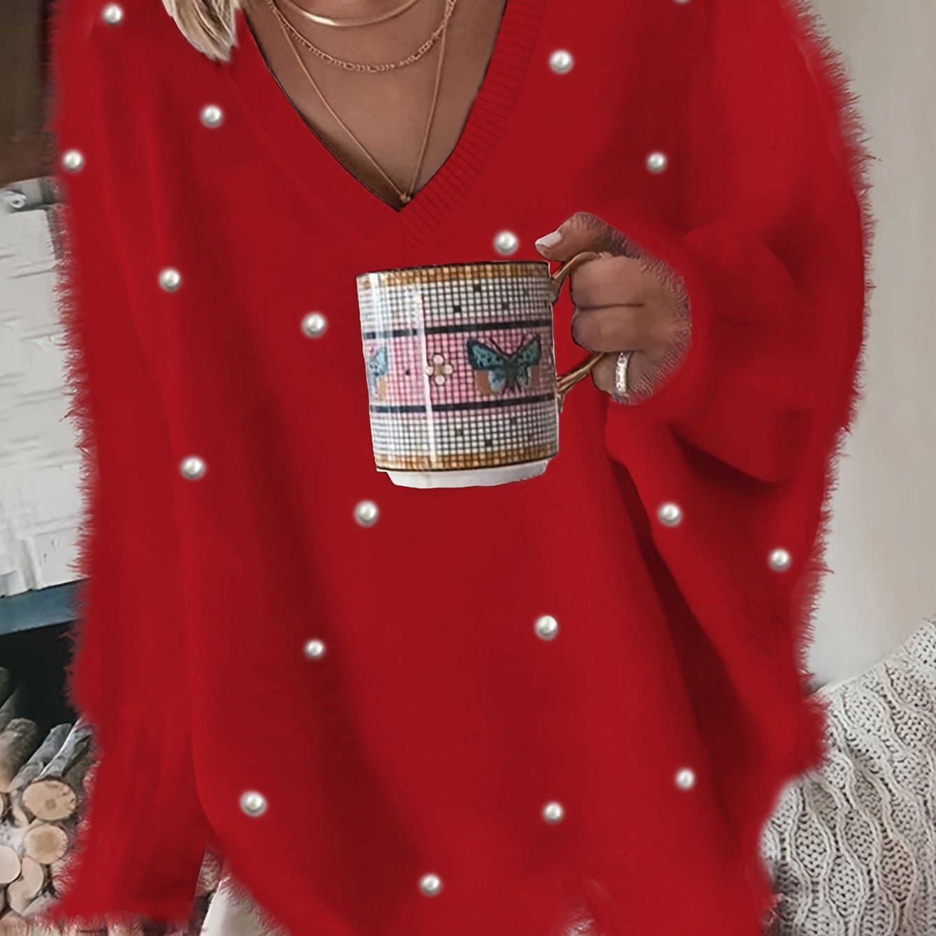 Մեծ չափս - Կանացի հարմարավետ դեղին V-ձև օձիքով սվիտեր՝ մարգարիտ կոճակներով և բրդյա եզրերով թևքերով - Ասիմետրիկ եզր, երկրաչափական նախշ, առօրյա ձմեռային սվիտեր առօրյա հագուստի համար, Ձմեռային հագուստ | V-ձև օձիքով սվիտեր | Մարգարիտ կոճակների մանրամասներ, Sw
