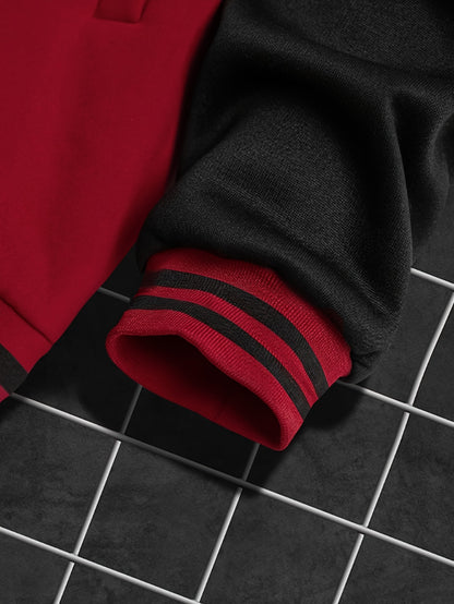 Men's Fashionable R-Letter Patchwork Casual Street Style Baseball Jacket - Polyester, Maroon & Black with White Stripes, Button Closure, with Pockets