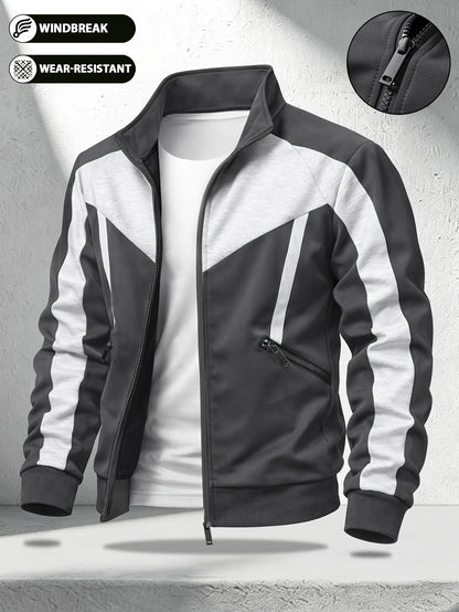 Men's Color-Block Zip-Up Casual Sports Jacket with Pockets