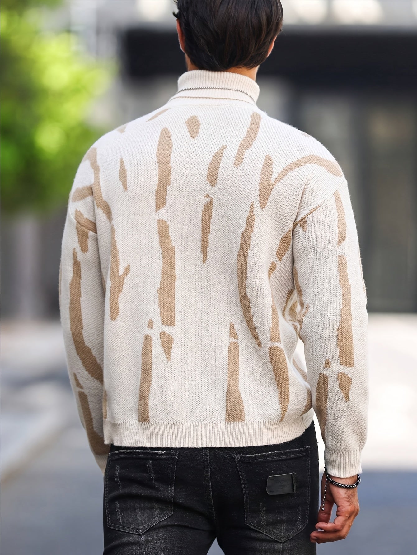 Տղամարդու զեբրա նախշով բարձր վզնոցով նորաձև սվիտեր աշուն-ձմեռ՝ առօրյա տրիկոտաժե պուլովեր