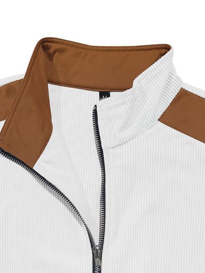 Men'S Long Sleeve Patchwork Fashion Warm Jacket, Corduroy Long Sleeve Warm Coat with Zipper Stand Collar Long Sleeve Casual Comfortable Autumn and Winter Style