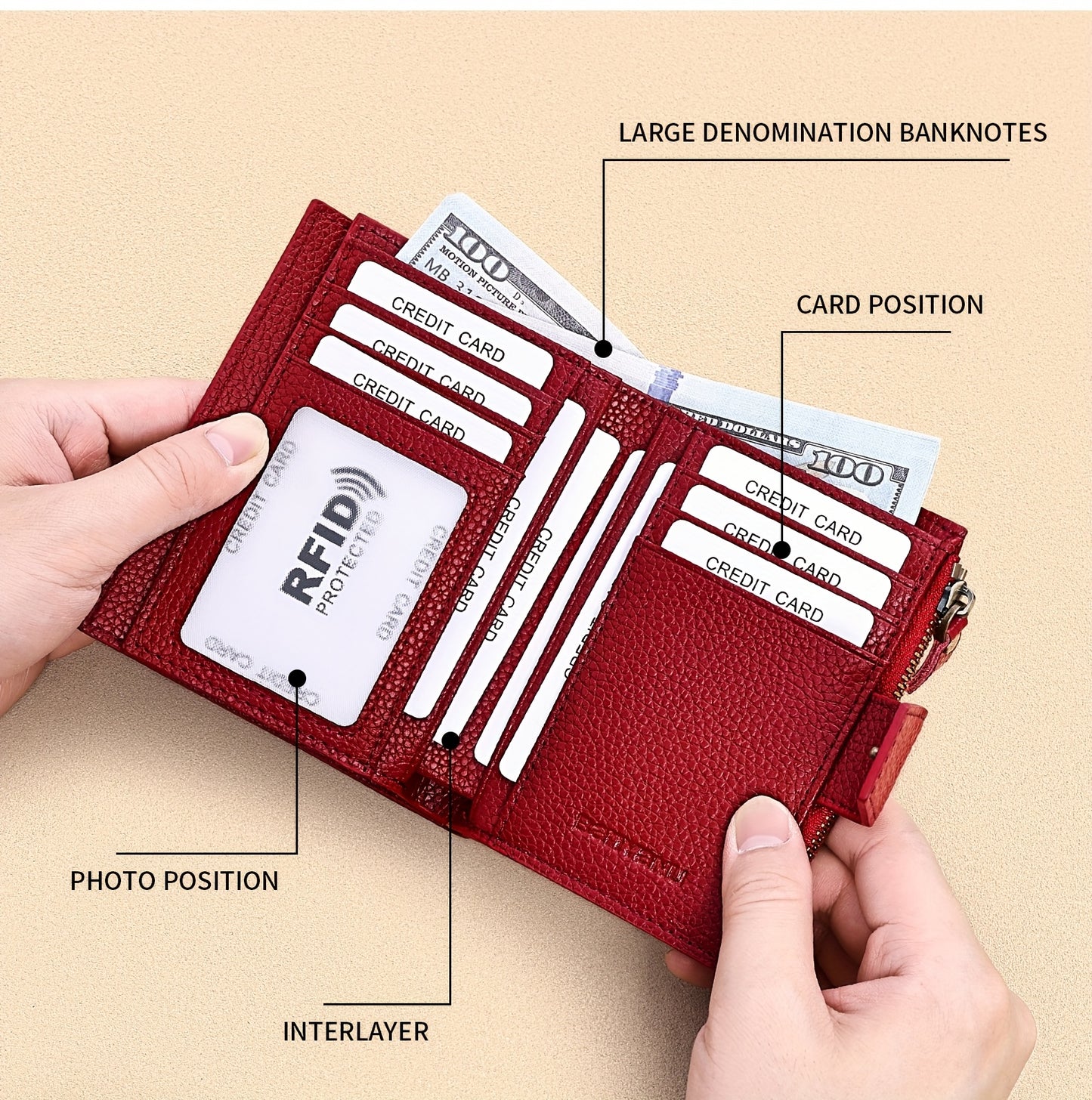 BANYANU Women'S Genuine Faux Leather Wallet - Red Lychee Grain Texture, Multi-Card Slots, Zippered Coin Pocket, Detachable ID Window, Compact Design for Everyday Use, Secure Coin Storage | Stylish Wallet | Synthetic