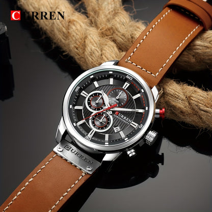 Men's Sports Watch With Multiple Functions, PU Leather Strap, And Automatic Date Display