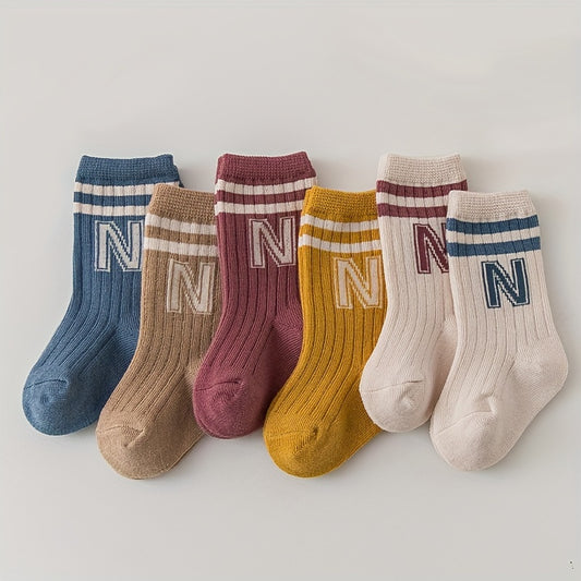 4 Pairs of N-Letter Knitted Pattern Socks, Thin Socks for Spring and Summer, Cotton Blend Comfortable Breathable Soft Mid-Calf Socks, Breathable Mid-Calf Socks