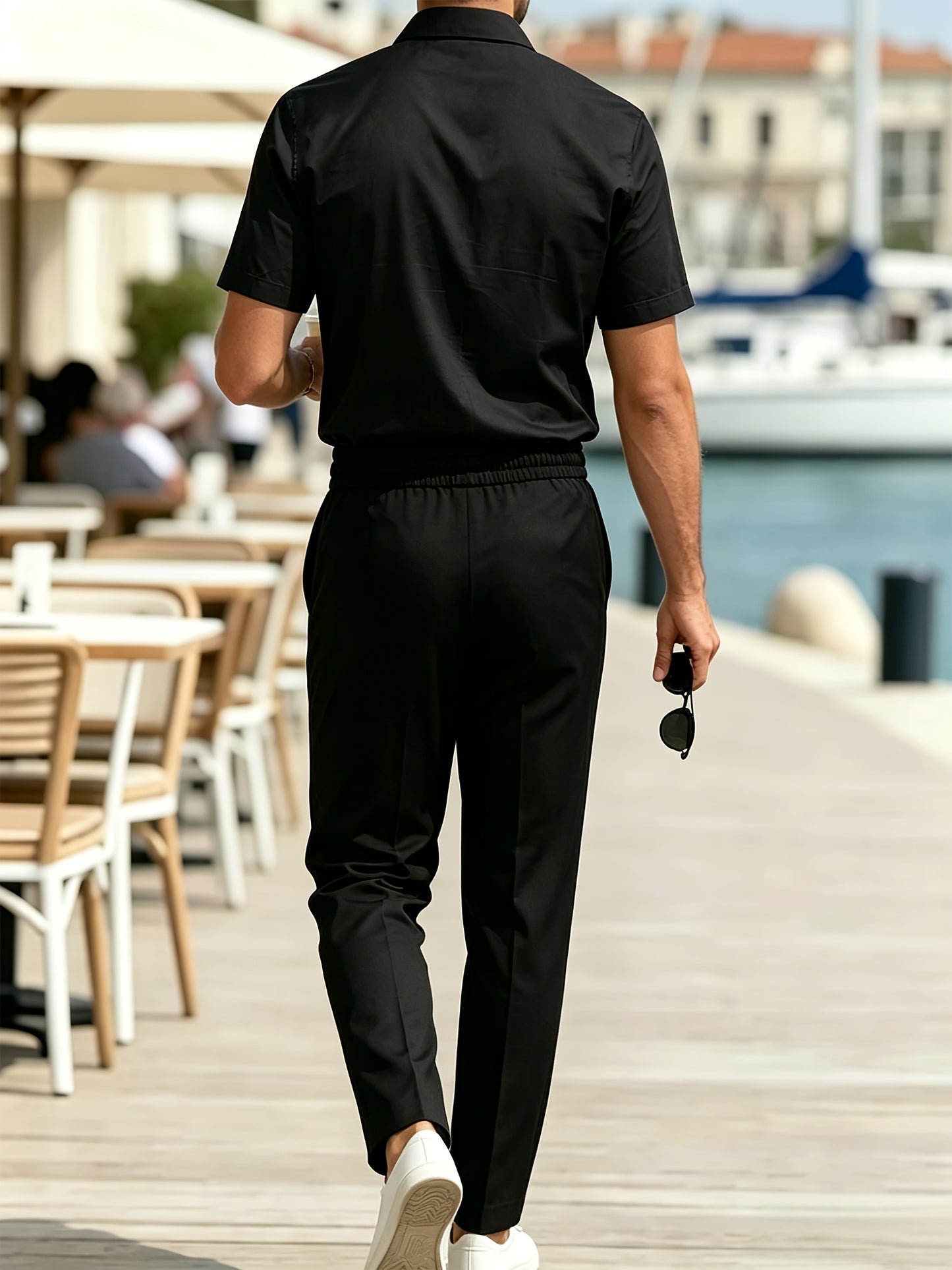 Men's Casual Lapel Short Sleeve Shirt & Elastic Waist Trousers Set