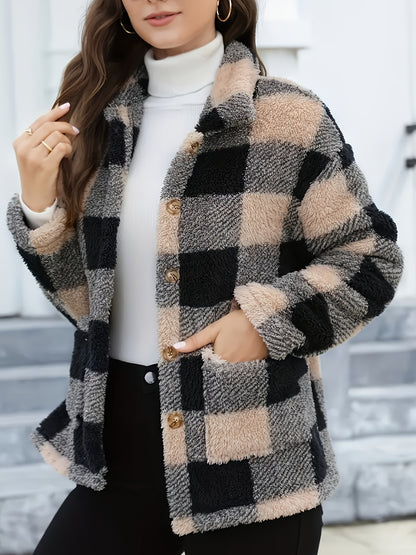 Women'S Plaid Jacket - Soft Brown/Black/Beige/White/Gray/ - Button-Front Closure, Structured Fit for Fall/Winter - Everyday & Formal Outfits - Cozy Outerwear for Women, Casual Wear, Classic Turndown Collar, Durable Fabric, Se