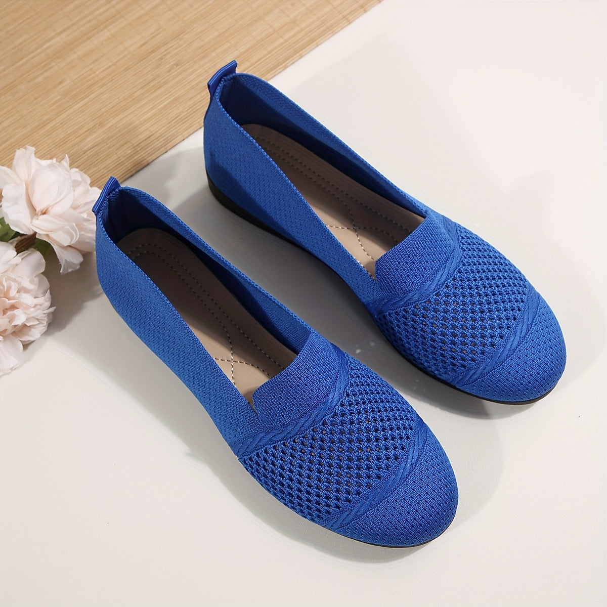 Women's Solid Color Knitted Flats, Lightweight Flat Soft Sole Walking Shoes, Round Toe Daily Footwear