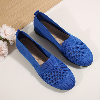 Women's Solid Color Knitted Flats, Lightweight Flat Soft Sole Walking Shoes, Round Toe Daily Footwear