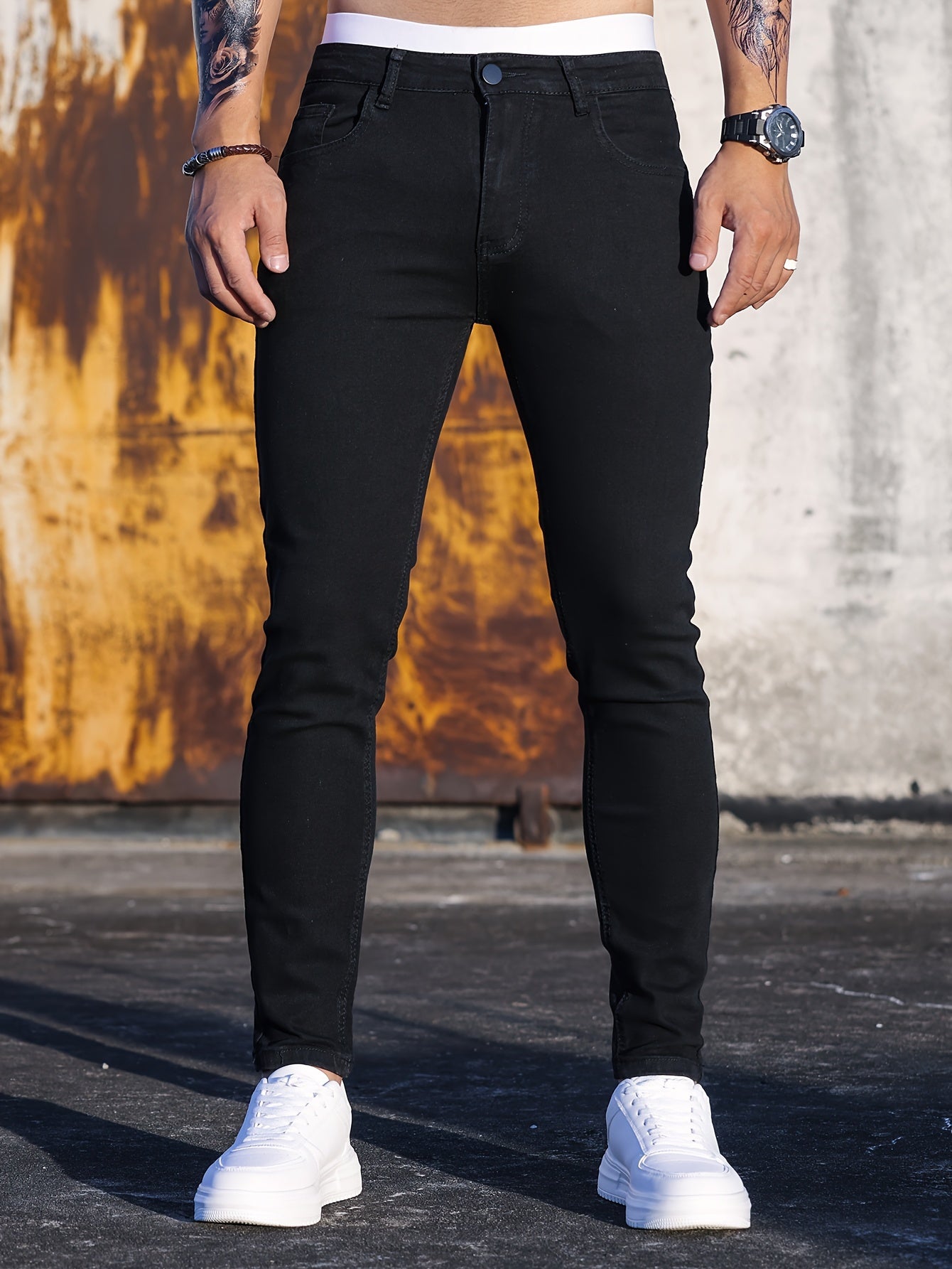 Men's Cotton Blend Casual Skinny Jeans, Chic Street Style Medium Stretch Denim Pants