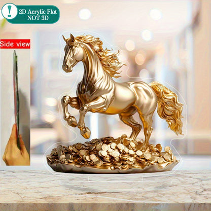 2D Flat, 1pc 2D Flat Acrylic Golden Horse Ornament - Elegant Desktop Decoration, Luxurious Golden Plating with Exquisite Mane Details and Coin Base, Suitable for Home, Office, Wedding, Christmas - Animal Theme Decor, No Assem