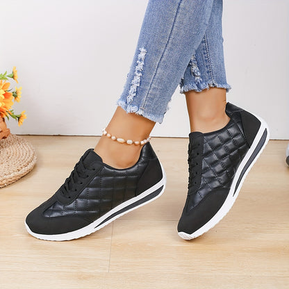 Women's Contrast Color Casual Sneakers, Lace Up Lightweight Soft Sole Walking Shoes, Low-top Quilted Pattern Trainers plus size