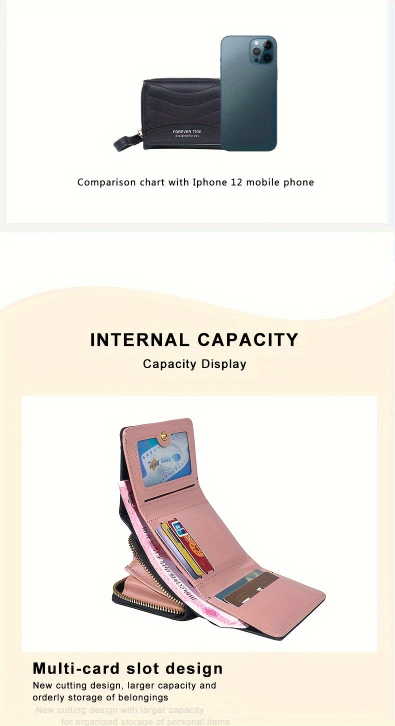 2024 New Women'S Short Wallet, Korean Style Zippered Coin Purse, Simple Design, Tri-Fold Multifunctional Faux Leather Card Holder.