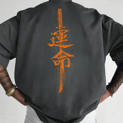 Men'S Japanese Samurai Sword Graphic T-Shirt - Casual Loose Fit Crew Neck, Short Sleeve Tee with Red Stylized Japanese Katanas Design, Breathable Polyester for Spring  Summer Outdoor Wear