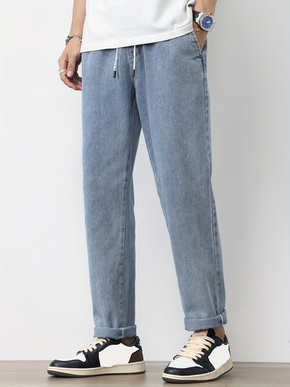 Men's Solid Washed Denim Trousers With Pockets, Causal Drawstring Cotton Blend Barrel Jeans For Outdoor Activities