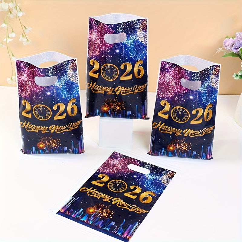 10/25/50pcs FengRise 2026 Happy New Year Fireworks Countdown Clocks Gift Bags - Vibrant Fireworks & Cityscape Design, Durable Plastic Party Favor Bags for New Year'S Eve, Birthday, Wedding Decorations, New Year Gifts, Festive