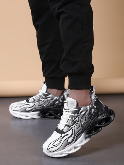 Trendy Black  White Gradient Sneakers - Breathable Mesh, Thick Sole for Height Boost, Fashion Athletic Casual Running Shoes with Flame Design, Perfect for Students  Casual Attire, High Top Sneakers