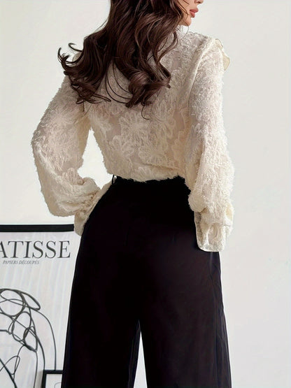 Կանացի էլեգանտ և ռոմանտիկ ռետրո ոճի, կանգնած օձիքով, ծալքավոր, հյուսվածքային կոճակներով, լայն թևքերով, ծիրանագույն վերնաշապիկ, աշնանային հավաքածու