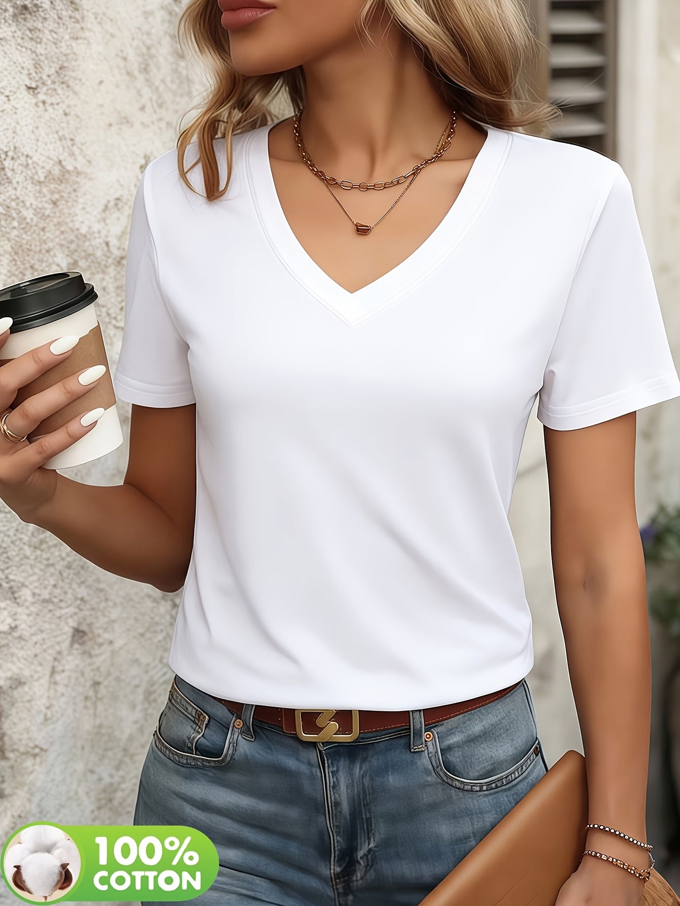 Women’s V-Neck Cotton T-Shirt, Short Sleeve, Solid Color