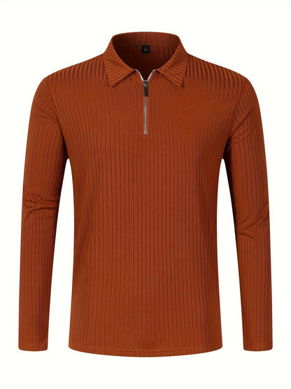 Men's Casual Sports Ribbed Long Sleeve Zipper Lapel Golf Shirt, Spring And Fall