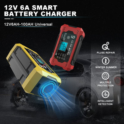 COREBOX EU Plug 12V 6A Smart Battery Trickle Charger 12V Battery Maintainer Battery Charger with LCD Display for Car Truck Motorcycle Lawn Mower Marine Lead Acid Charge, Without Battery