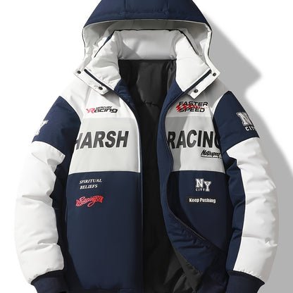 Men'S Casual Motorcycle Jacket, Warm Pilot Fashion Top 6023, 100% Polyester Hooded Collar with Alphabet Pattern, Long Sleeve Regular Fit, Non-Stretch Woven Fabric, Zipper Placket, with Pockets - 280gsm