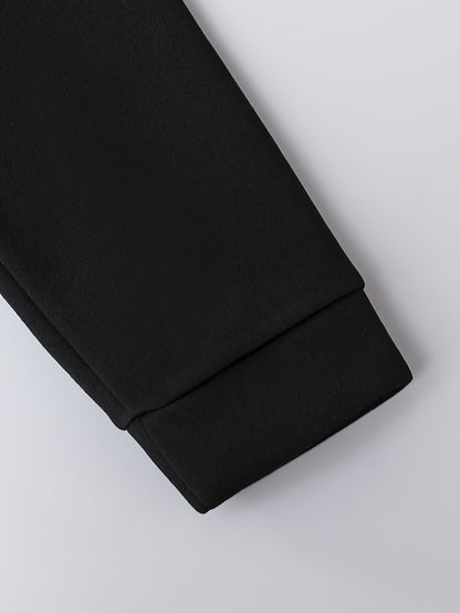 2pcs Boys' Autumn/Winter Fleece-Lined Hooded Zip-Up Jacket and Pants Set with Bird Print, Simple Color Block Design with Pockets, Fashionable Sporty Outfit for Outdoor Activities and Daily Wear, 100% Polyester Knit Stretch Fa