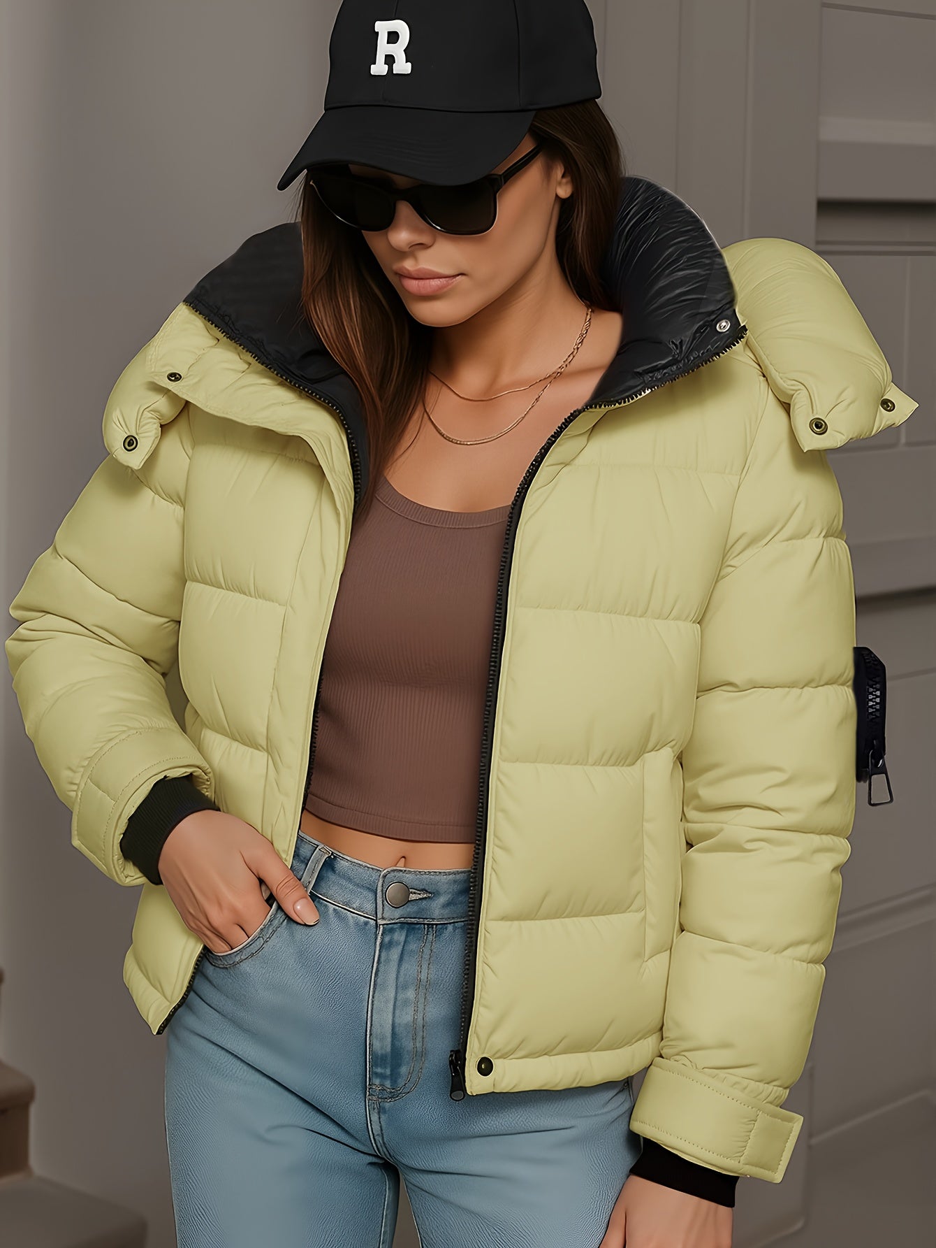 Կանացի ձմեռային կարճ գլխարկով բաճկոն՝ մանանեխի, դեղին և սև գույների հակադրությամբ, փքված վերարկու գրպաններով, գոտի և ամուր կայծակաճարմանդ, առօրյա, էլեգանտ վերնազգեստ ցուրտ եղանակի համար (ձեռքով լվացում/քիմմաքրում), հաստ ձմեռային բաճկոն կանանց համար, Win