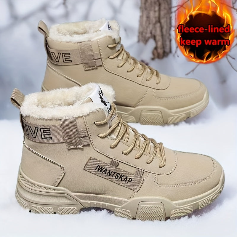 Men'S Winter Boots - Thermal Insulated Anti-Slip Snow Shoes with Cushioned Insole, Beige/Tan Cold Weather Boots for Ice, Snow, and Everyday - Lace-Up Ankle Support, Durable PVC Outsole - Ideal for Hiking, Urban Commute, and O