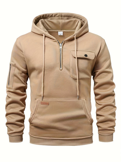 Men'S Minimalist Red & Christmas Tree Print Hooded Sweatshirt - Long Sleeve Casual Pullover with Piping, Regular Fit Winter Warmth for Holiday Parties, Outdoor Activities & Casual Attire, Christmas Sweatshirt, Seasonal Fashio