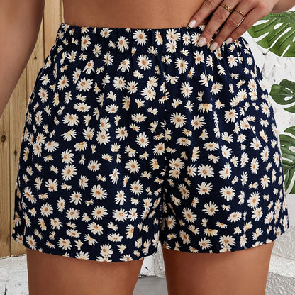 Women's High-Waisted Floral Print Wide-Leg Shorts - Navy Blue with Yellow & White Flowers, Lightweight Polyester, Perfect for Spring & Summer Travel, Vacation Style, Spring Shorts | Floral Shorts | Stylish Design, High Waiste