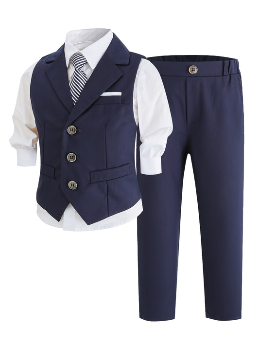 Boys' Summer Casual Dress Set with Vest, Pants & Tie