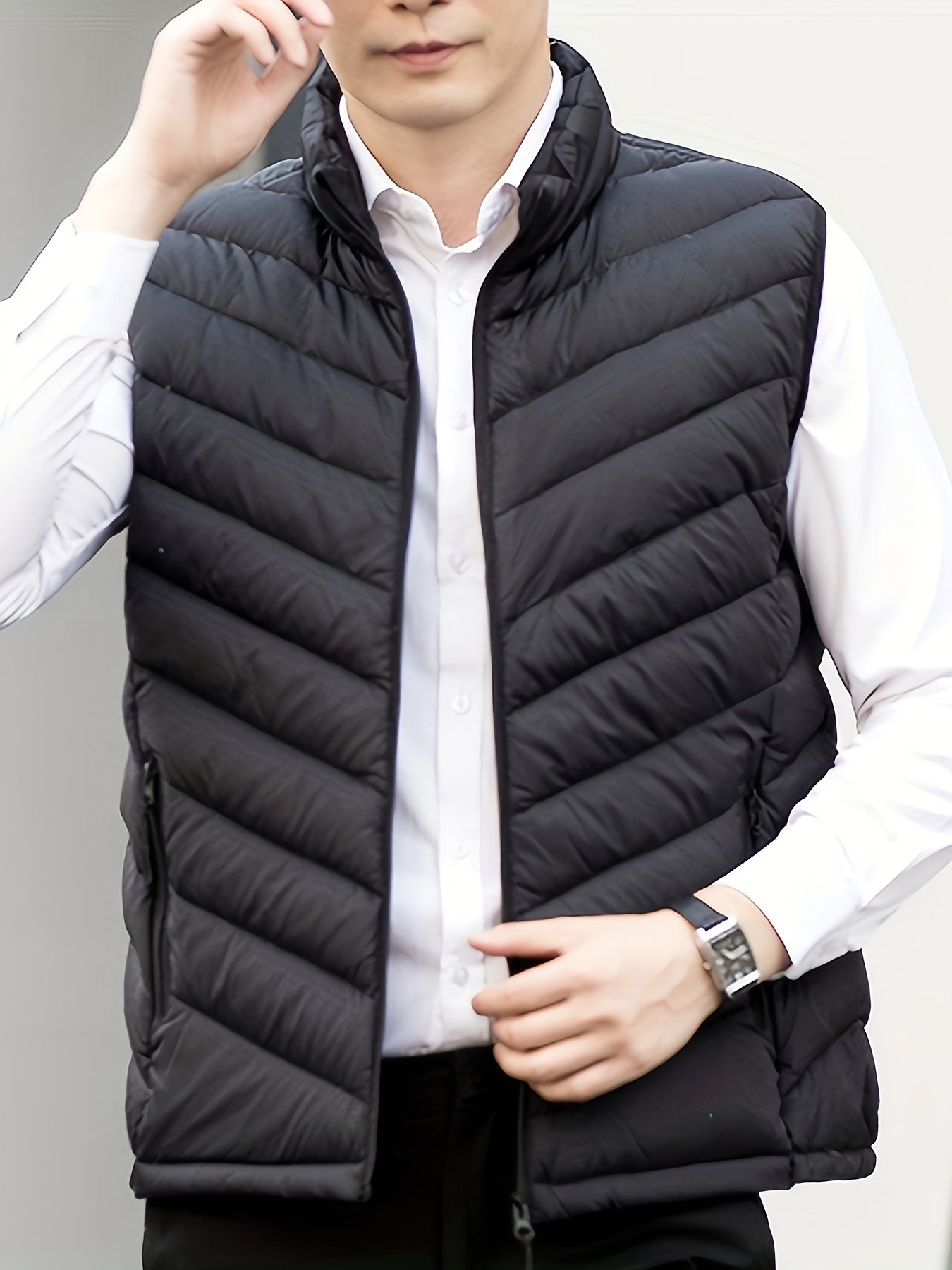 Men's Winter Sleeveless Warm Vest Jacket, Casual Fashion Zippered Multi-Pocket Solid Color Stand Collar Black Thermal Gilet for Autumn/Winter Outdoor Leisure Sports Hiking Lightweight Waistcoat Coat