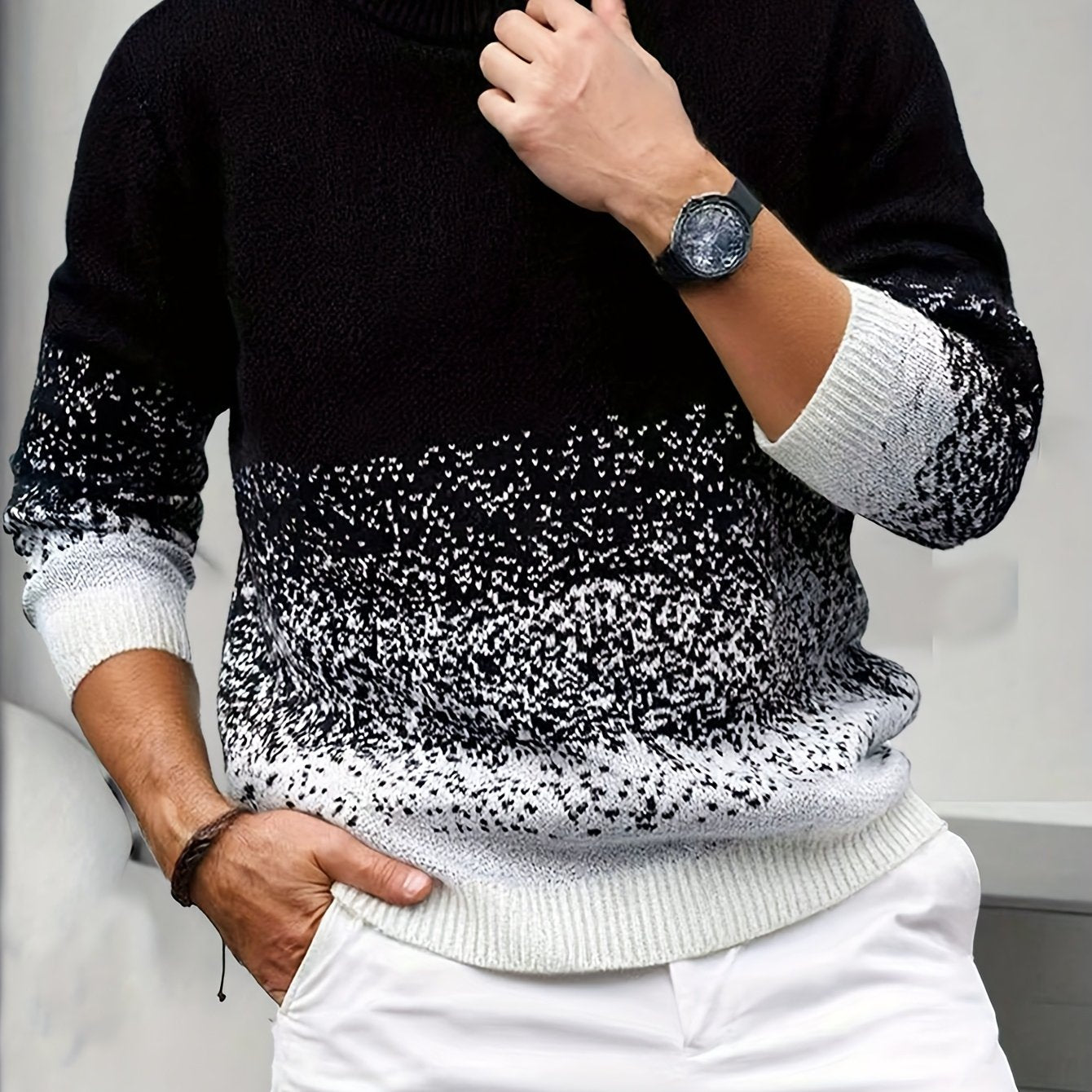 Տղամարդու 1 սվիտեր, նորաձև գրադիենտ գույնի, կլոր վզնոցով, աշնանային և ձմեռային ամենօրյա վերնաշապիկ