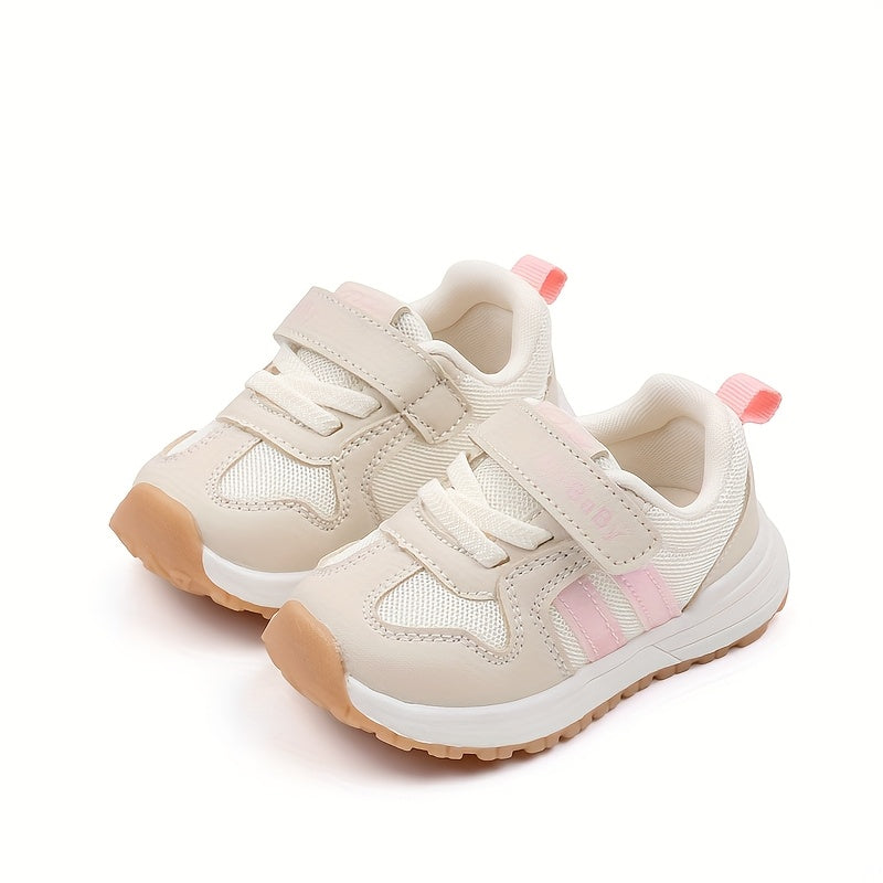 [1pc Unisex Toddler Sports Sneakers] Toddler Sports Sneakers, Unisex Preppy Casual Running Shoes, Striped Low Top Fabric & PU Upper, Breathable Mesh, Soft TPR Sole, with Adjustable Strap Closure, for Spring/Summer, All-Season
