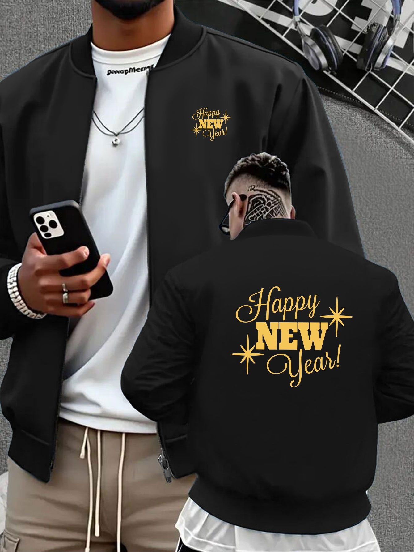 Men's Navy Blue Full-Zip Casual Jacket with Golden Happy New Year Print & Golden Glitter Lettering - Full-Zip Closure, Machine Washable, Regular Fit Winter Coat for Parties, Casual Attire & New Year's Eve Outfits - Stylish Ou