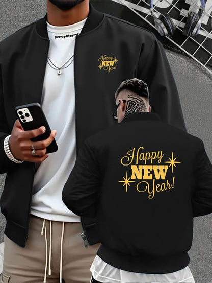 Men's Navy Blue Full-Zip Casual Jacket with Golden Happy New Year Print & Golden Glitter Lettering - Full-Zip Closure, Machine Washable, Regular Fit Winter Coat for Parties, Casual Attire & New Year's Eve Outfits - Stylish Ou