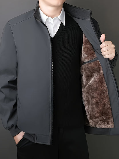 Men's Fleece-Lined Zip-Up Jacket - Casual Stand Collar, Outdoor Sports Coat with Pockets, Machine Washable