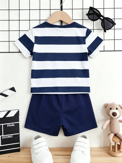 Boys Summer Casual Blue White Stripe Short Sleeve T-Shirt & Shorts Set