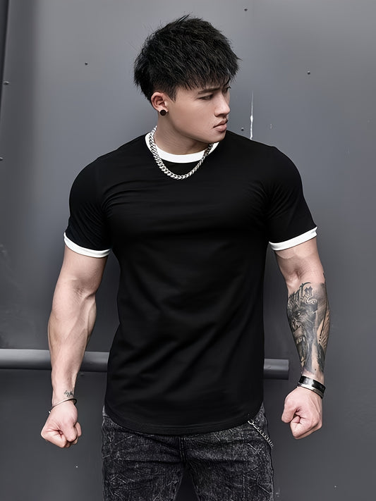 Men's Quick-Dry Athletic T-Shirt - High Elasticity, Breathable Polyester, Black with White Contrast Trim, Round Neck, Short Sleeves for Gym, Running & Basketball, Workout Clothing | Casual Sportswear | Polyester Fabric
