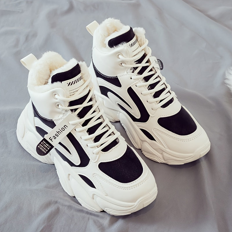 Women's Plush Fleece-Lined High-Top Sneakers - Thick-Soled Winter Warm Lace-Up Shoes with PU Upper & Cushioned PVC Sole, White/Black/Grey Chunky Dad Shoes (Cozy Round Toe) - Instagram Trendy Winter Footwear by I Trend