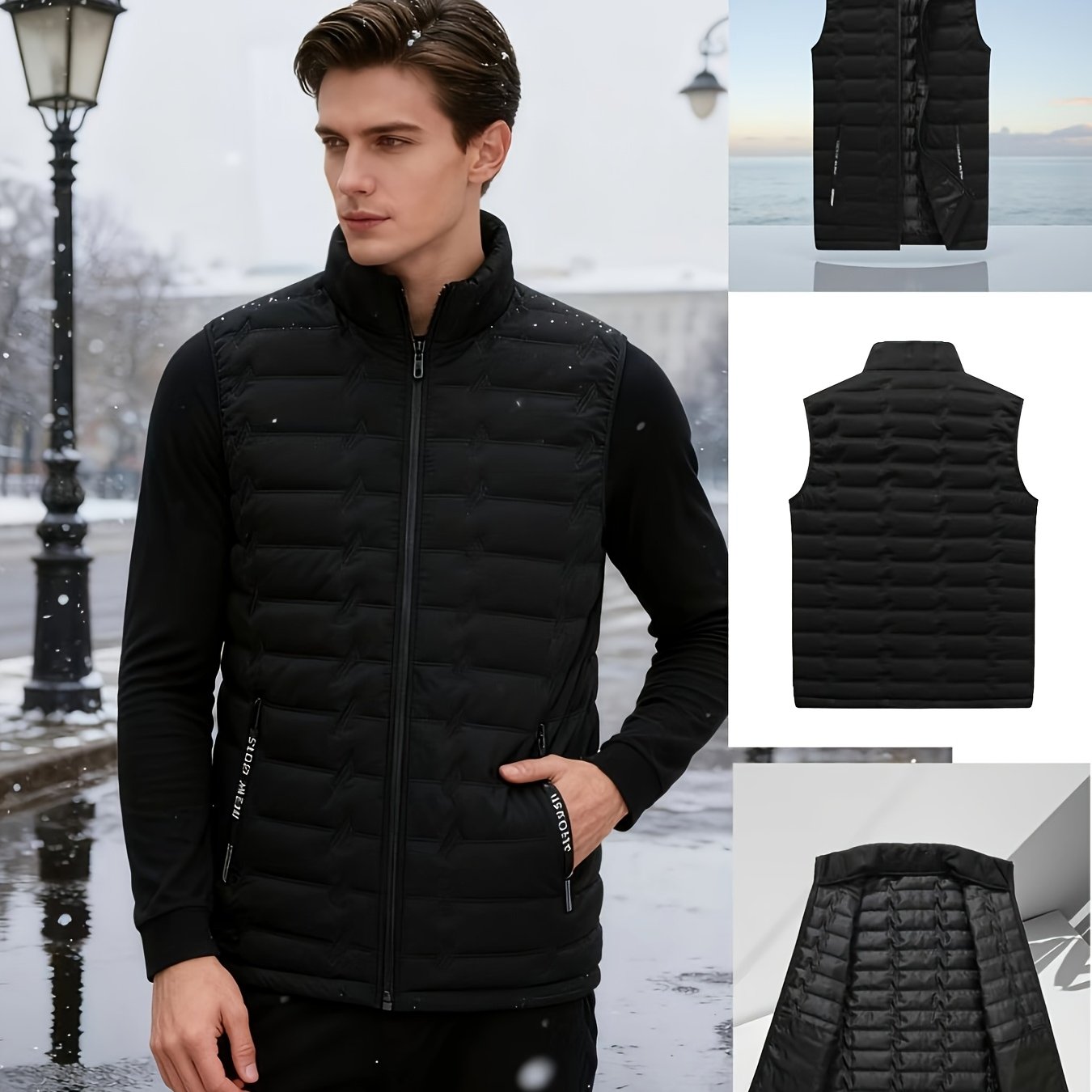 Men's Outdoor Sports Warm Vest Jacket, Stand Collar Multi-Pocket Practical Vest, Soundwave Technology Composite Print Windproof High Quality Sports Jacket - ayq