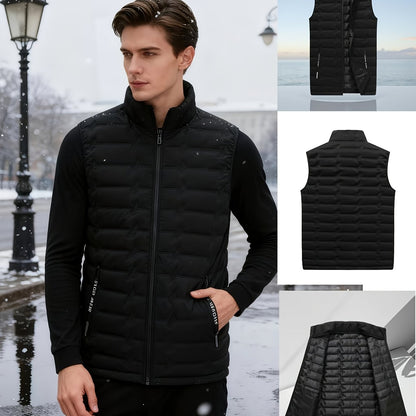 Men's Outdoor Sports Warm Vest Jacket, Stand Collar Multi-Pocket Practical Vest, Soundwave Technology Composite Print Windproof High Quality Sports Jacket - ayq