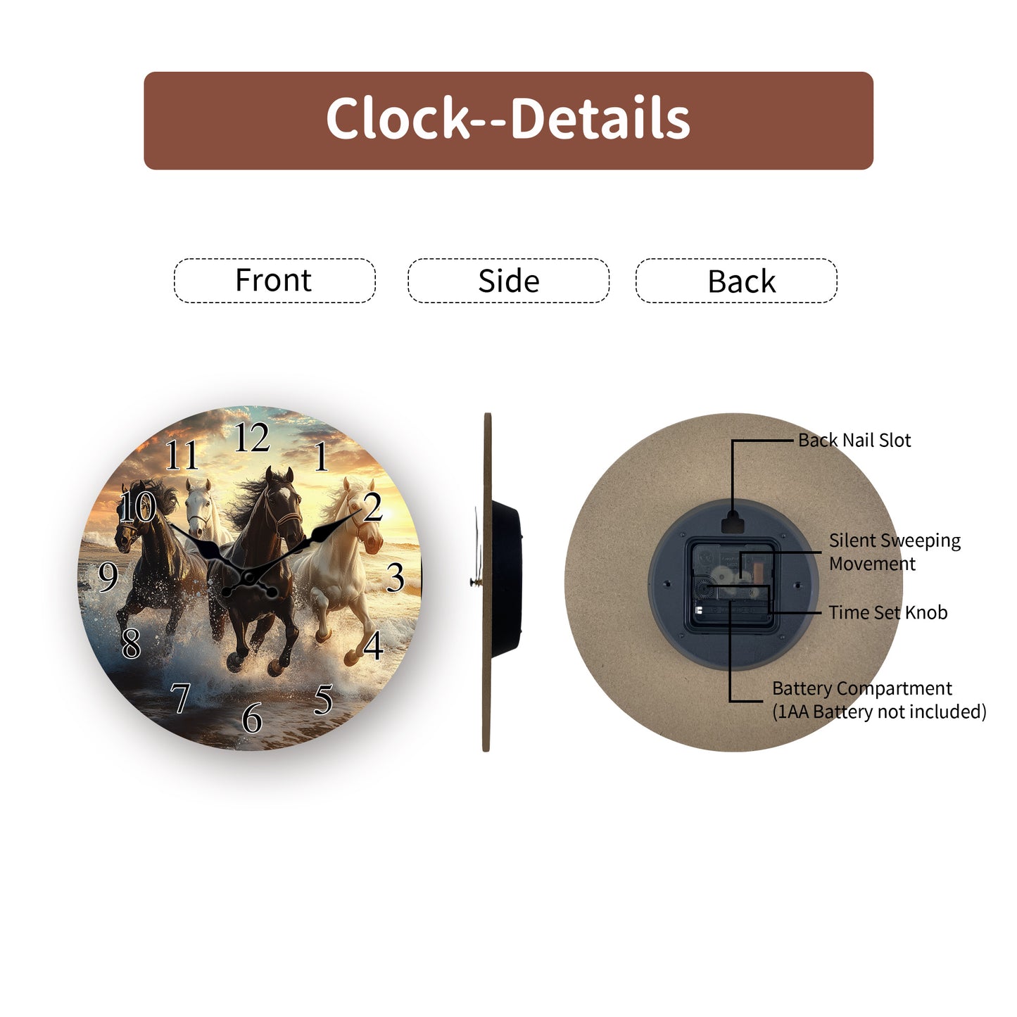 One piece, wooden wall clock with running horses pattern design, modern wall aesthetic decorative art wall clock, silent, suitable for living room, bedroom, kitchen, office decoration, home decoration, ideal Christmas, New Ye