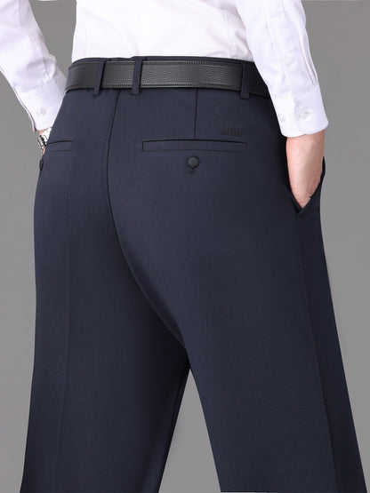 [Lightweight Design] Men's High-Waist Stretch Dress Pants - Wrinkle-Resistant, Dark Blue Business Casual with Pockets, Straight Leg Fit for Spring/Fall