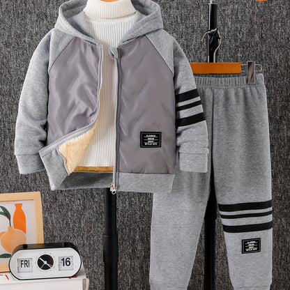 DONABEBE Boys' 2pcs Winter Jacket & Pants Set - Full-Zip Hooded Coat with Striped Sleeves & Matching Pants, Thick Outfit for &, Soft Warm Casual Playwear (Grey/Black) - Hand Washable 2pcs Clothing, Perfect for Outdoor